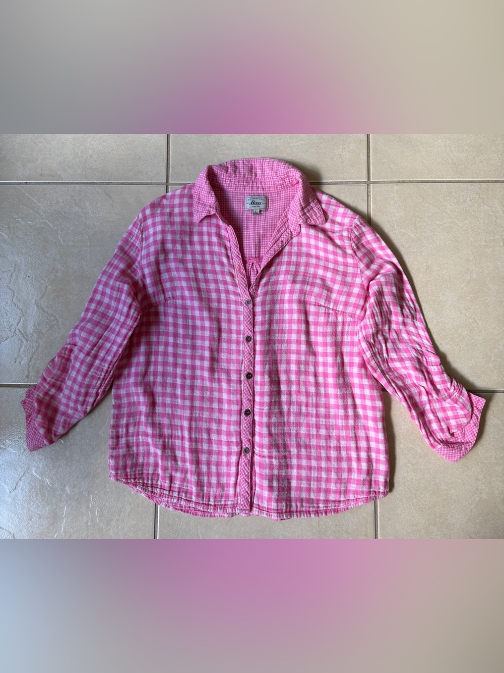 G.H. Bass & Co. Women's Pink White Gingham Plaid Button Up Shirt Roll Tab Size L